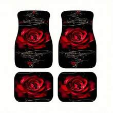 4PCS Red Rose Print Car Floor Mats, Universal Car Interior Mats, Durable Polyester Fiber, Suitable For Various Sedan And SUV Models, Car Interior Decoration Mats, Wear-Resistant Non-Slip, Car-Specific Floor Mats, Truck Owners - Multicolor - View 1
