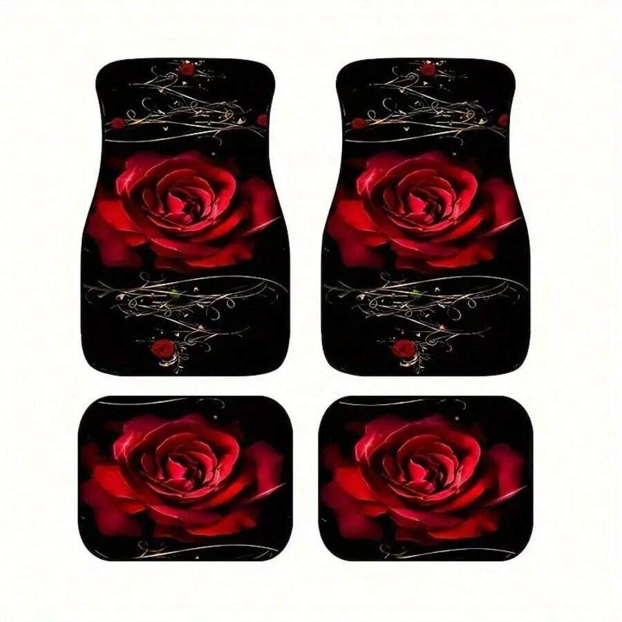 4PCS Red Rose Print Car Floor Mats, Universal Car Interior Mats, Durable Polyester Fiber, Suitable For Various Sedan And SUV Models, Car Interior Decoration Mats, Wear-Resistant Non-Slip, Car-Specific Floor Mats, Truck Owners - Multicolor - View 1