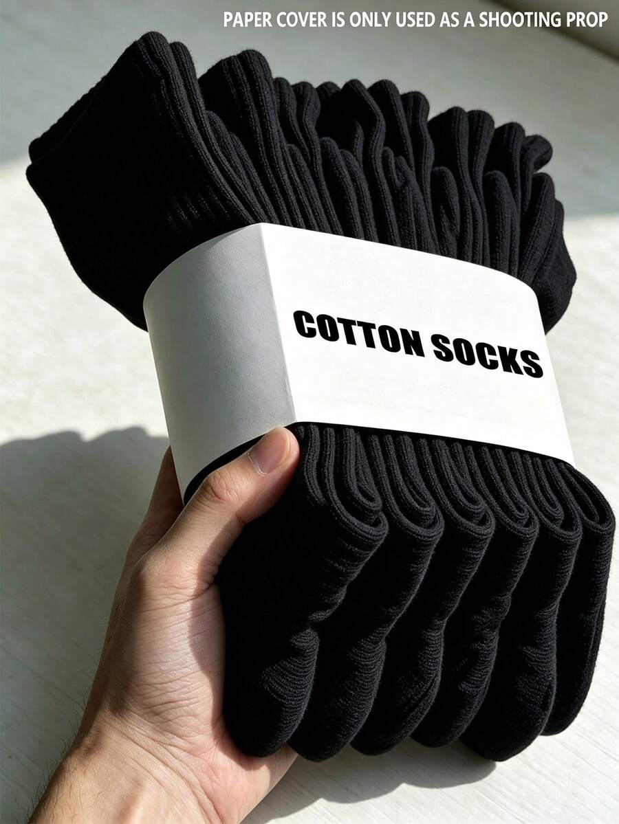 1/5/10 Pairs Of Pure Black Basic Mid Tube Men's Socks, Breathable, Sweat Absorbing, Versatile Sports Socks, Business Commuting Socks For All Seasons - Black - View 1