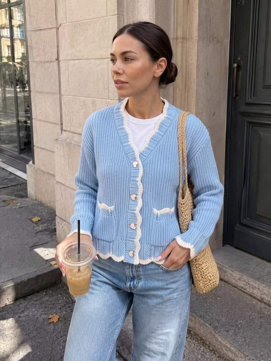 JIANHU Casual V-Neck Loose Short Knit Cardigan, Spring/Autumn - New Blue - View 1