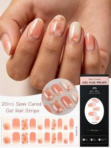 20pcs Autumn Floral Semi Cured Gel Nail Strips, Warm Apricot Ombre Gold Flower Gel Nail Wraps, UV Lamp Cure & Long Lasting Salon Quality Nail Art For Women's Fall Outfits And Autumn Parties - Apricot - View 11