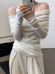 Sweater Off-Shoulder Gaya Baru Seksi Kerah Lebar Bahu Terbuka Atasan Rajut Lengan Panjang Elegan Lembut Musim Gugur/Dingin - Putih - View 2