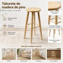 Natural Pine Wood High Bar Stool For Kitchen And Counter, 25cm Round Seat And 70cm Height, Classic Sturdy Design With Natural Wood Grain - 黃色 - 查看 2