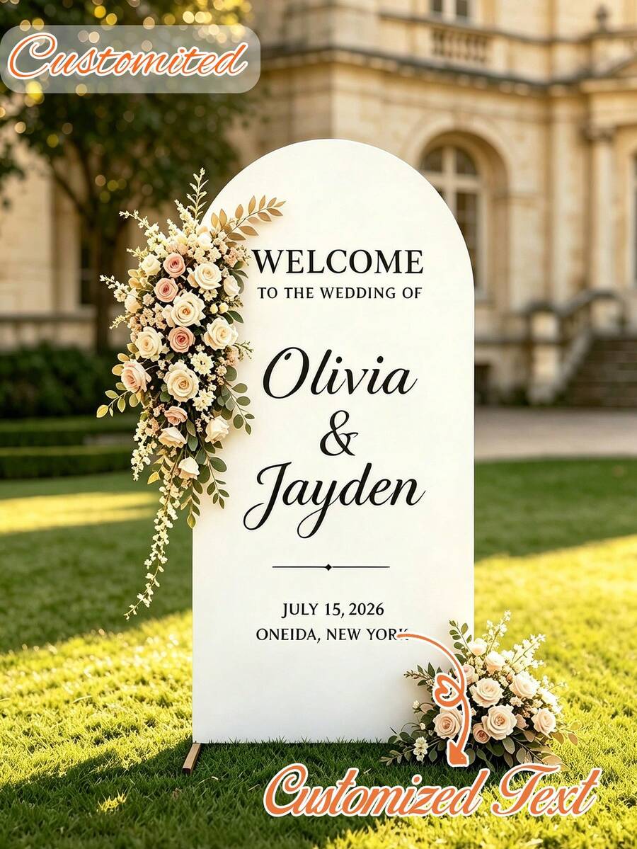 Customized Wedding Arch Backdrop, Customizable Name, Date And Text, Double-Sided Elastic Polyester Fabric, Suitable For Wedding Welcome Sign, Party Decoration And Various Other Events, No Power Required - Multicolor - View 1