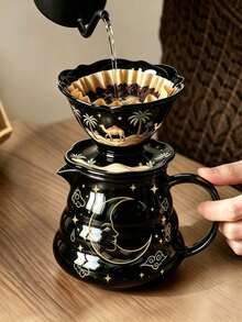 2pcs Drip Coffee Maker Set, Decorated With Sun, Camel, Palm Tree, Moon, Star, Auspicious Cloud Patterns, Ceramic Glass Carafe And Ceramic Coffee Dripper, Suitable For Home, Camping And Outdoor Activities Handheld Coffee Brewer - Multicolor - View 2