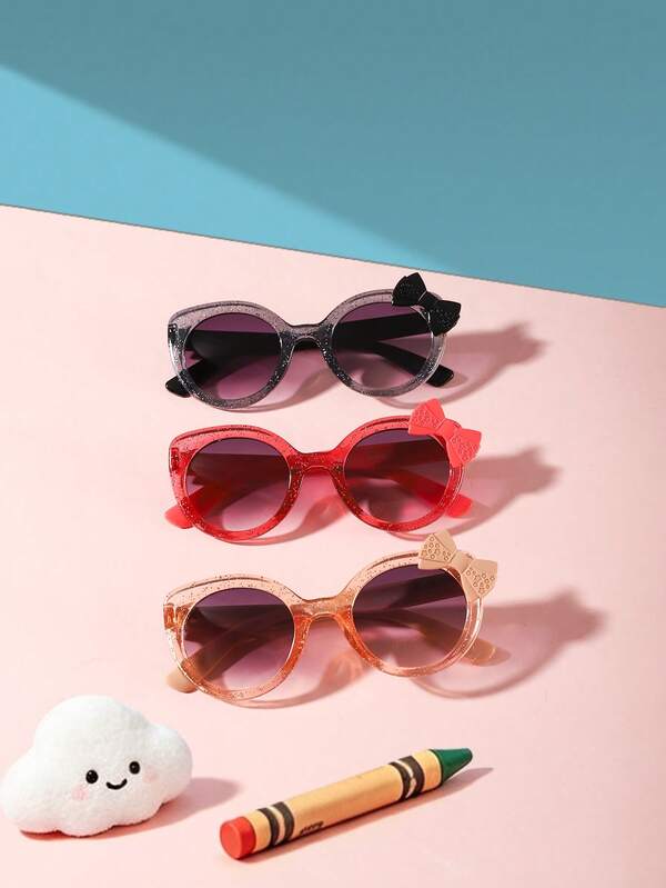 3pcs Kids 3‑8Y Round PC Stylish Glasses, Glitter Frame With Bow Decor, Cute Eyewear For Summer Party Daily Wear With Glasses Box