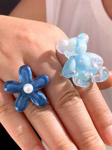 2 Buah Cincin Beruang & Bunga Lucu, Cincin Hewan Beruang Biru yang Unik, Pita Terbuka yang Dapat Disesuaikan dari Baja Tahan Karat, Hadiah Unik untuk Wanita, Y2K, Perhiasan Wanita yang Dipersonalisasi dan Berlebihan - Biru - View 1