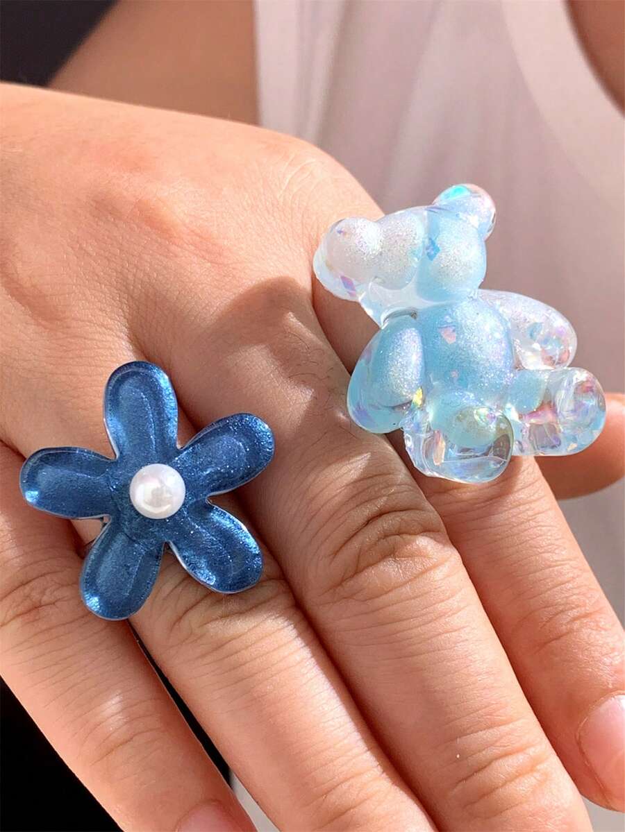 2 Buah Cincin Beruang & Bunga Lucu, Cincin Hewan Beruang Biru yang Unik, Pita Terbuka yang Dapat Disesuaikan dari Baja Tahan Karat, Hadiah Unik untuk Wanita, Y2K, Perhiasan Wanita yang Dipersonalisasi dan Berlebihan - Biru - View 1