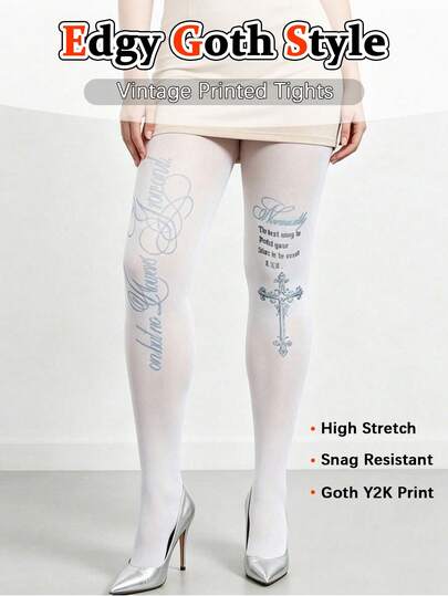 Y2K Vintage Floral Script English Cross Print Women's Tight Leggings, Thin & Delicate Anti-Snag High Elasticity Tights