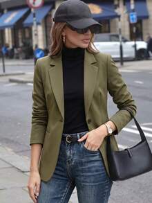 Women's Olive Green Blazer, Collared Long Sleeve Button Jacket For Daily, Casual, Office, Commute, Spring Fall Winter Wardrobe Essential - Army Green - View 6