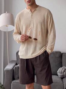 Men Autumn‑Winter Henley Neck Knit Sweater, Button Placket Long Sleeve Relaxed Jumper, Old Money Style For Holiday Festival Daily Wear - Apricot - View 3