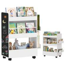 Kinderboekenkast op wielen, opbergruimte voor kinderboeken van 3 tot 8 jaar met krijtbord, 66,5 x 32,5 x 86,5 cm, wit - A - Bekijken 1