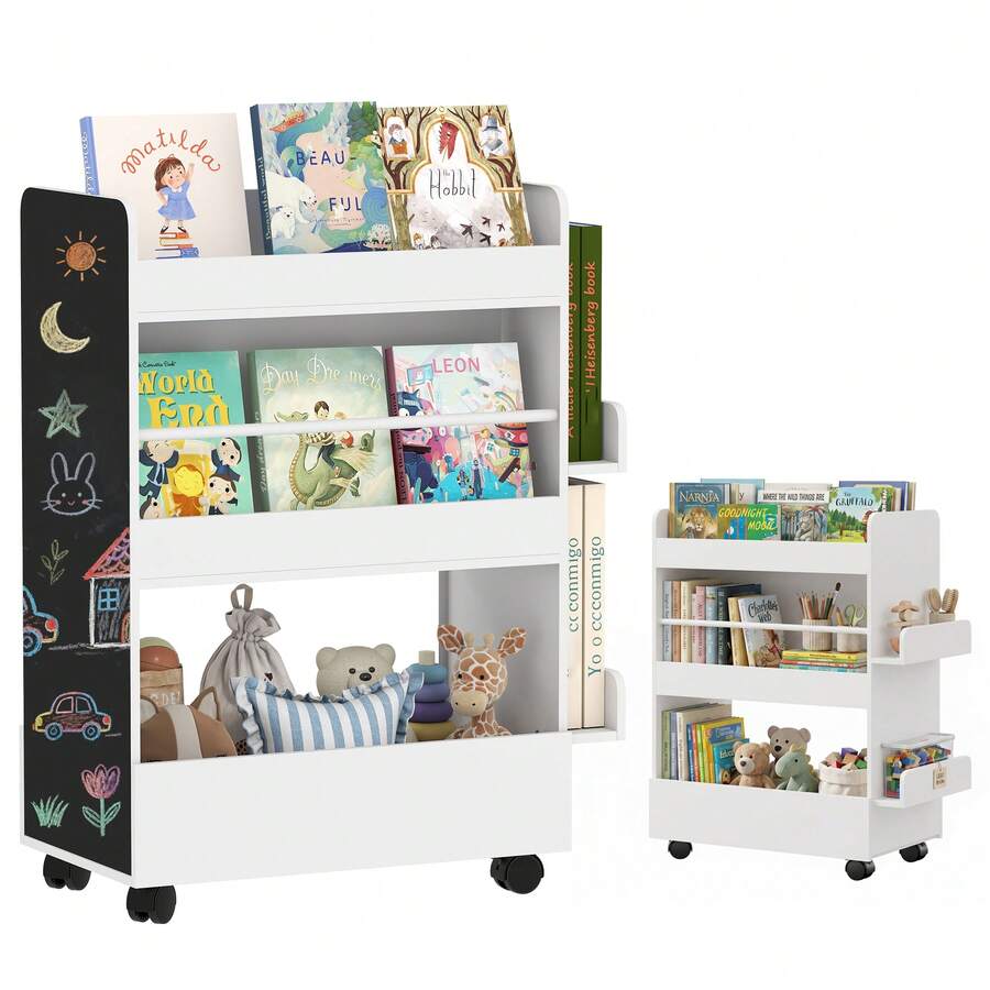 Kinderboekenkast op wielen, opbergruimte voor kinderboeken van 3 tot 8 jaar met krijtbord, 66,5 x 32,5 x 86,5 cm, wit - A - Bekijken 1