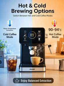AEOMJK Semi-Automatic Espresso Machine | Touchscreen, Dual Cold & Hot Extraction, Steam Function, 20bar Pressure, Espresso Maker, Removable Water Tank, US Plug, Modern Style - Multicolor - View 3