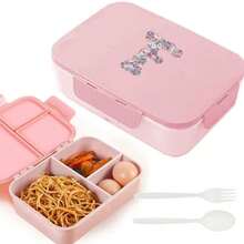 3-Compartment Travel Bento Lunch Box With Flip Lid, Leak-Proof Portable Meal Container For Outdoor Activities, Breakfast And Meal Prep, Kitchen Accessory, Camping Essential, Rose Flower With 26 Alphabet Initials Pattern - Pink - View 18