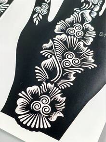 2件組花卉漩渦海娜手部紋身模板，左手與右手 Mehndi 貼紙模板，適用於婚禮、開齋節、派對身體彩繪，臨時紋身創作 - 黑色 - 查看 6