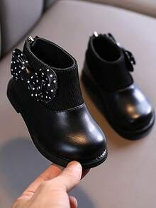 1 Pasang Sepatu Bot Pelajar Warna Polos, Desain Pita, Resleting Belakang PU, Sol Anti Selip dan Tahan Aus, Modis dan Hangat - Hitam - View 5