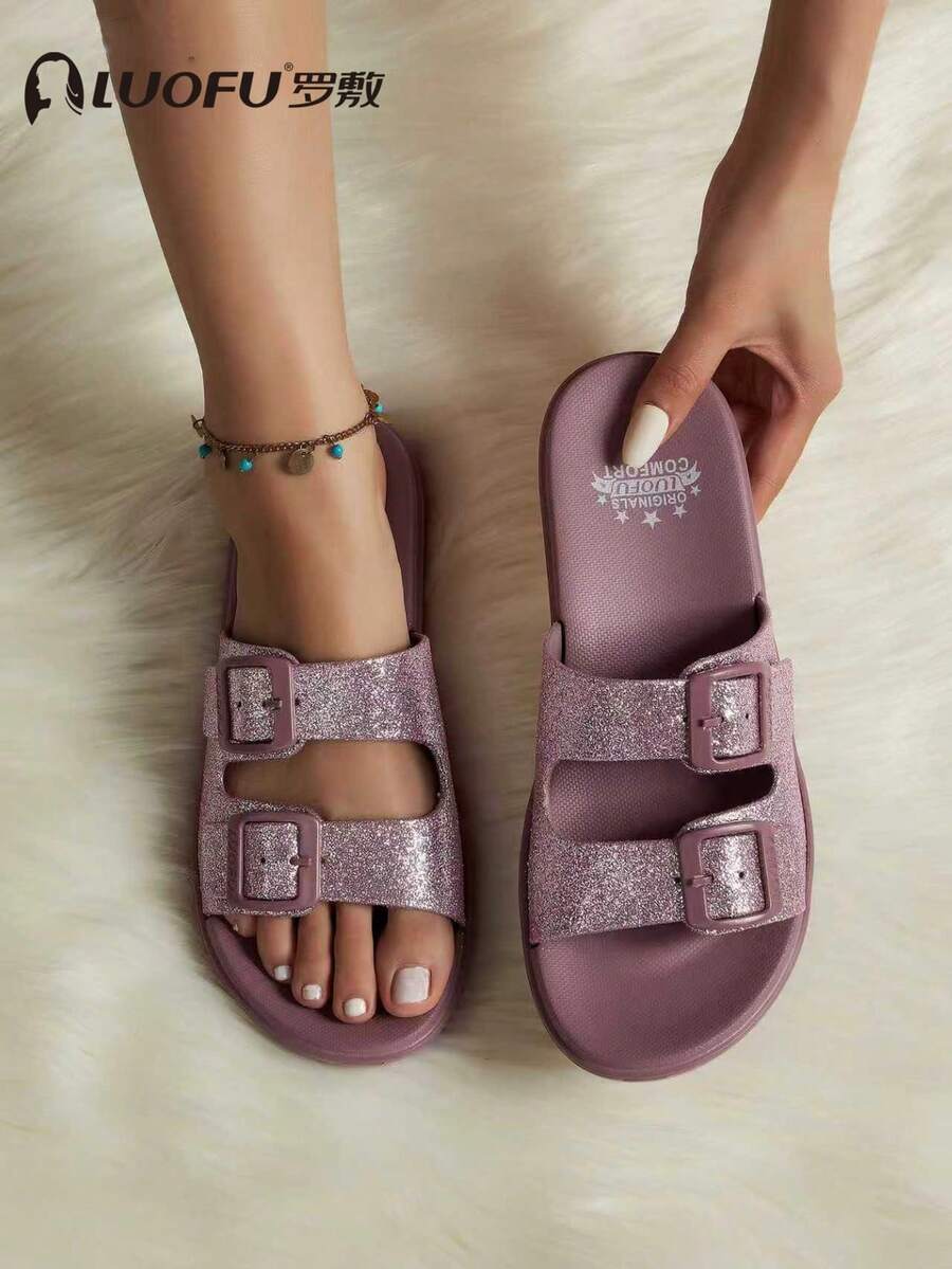 luofu Women's Fashion Flat Slippers, Outdoor Beach Sandals, Stylish Double Buckle Slides, Indoor Non-Slip Flip Flops,Spring Summer Outfits
