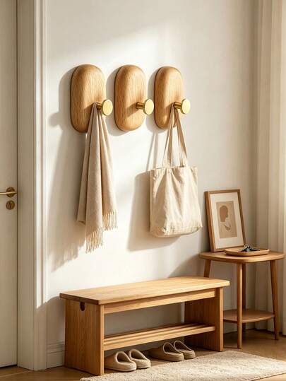 Natural Solid Wood Brass Wall Hook, No-Drill Self-Adhesive Hanger, Vintage Golden Wall Mount Hook, Rustic Farmhouse Entryway Towel Holder, For Hanging Towels Bags Clothes, Log-Style Home Interior Decor, Mothers Day Fathers Day Gift