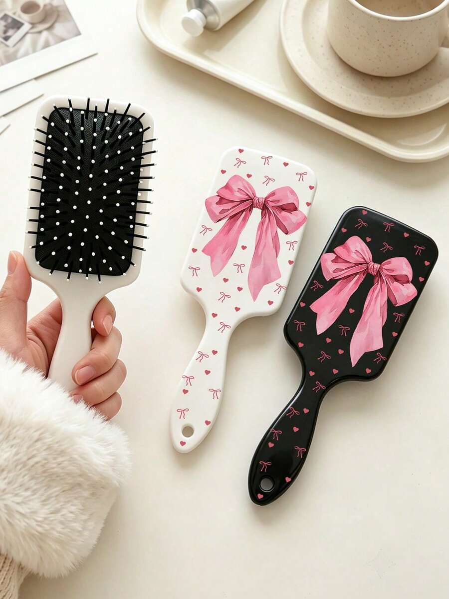 1/2/3pcs Air Cushion Massage Comb, Pink Bow And Heart Pattern, Women's Anti-Static Large Paddle Brush, Detangling Styling Scalp Massage Comb, For Home Daily Use, Gift For Family And Friends - Multicolor - View 1