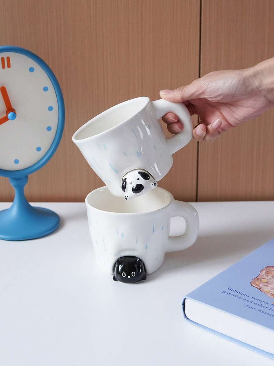 1pc 470ml "Puppy And Kitten" Ceramic Mug, "Rainy Day Black Cat" Coffee Cup - Cute Design, Ideal For Home Decor And Tableware, Perfect For Drinking Coffee And Latte In The Restaurant, Exquisite Gift, Also Suitable For Holiday Decoration
