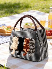2D Plush (4 Cats) Back View Striped Lunch Box, Pet Pattern Tote Bag,Portable Picnic Bag, Unisex Lunch Bag, Zipper Closure, Suitable For Cat Lovers,An Excellent Gift Choice For Students, Teachers, Birthdays, Or Anniversaries. - Multicolor - View 2