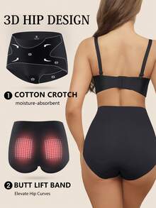 3pcs Black High Waist Seamless Women's Underwear, Double Layer Patchwork, Criss-Cross Strap, Full Coverage, Soft & Comfortable - Black - View 4