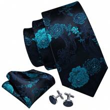 Floral Teal Necktie Pocket Square Cufflinks 3pcs Kit For Museum Gala & Theatre Formal Outfit - Teal Blue - View 5