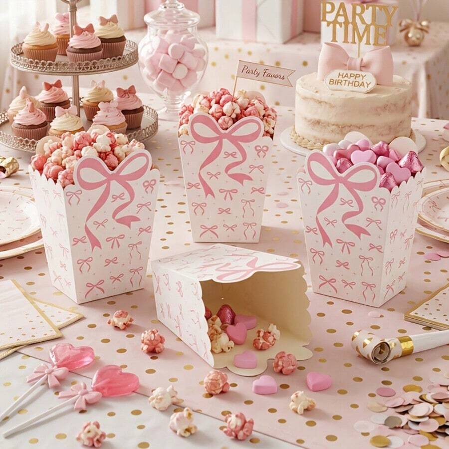 10/20/50pcs Sweet Pink Bow Popcorn Boxes, Mini Paper Bow Popcorn Bags, Macaron Color Candy Storage Boxes, Birthday Party, Pajama Party, Bridal Shower, Wedding, Movie Night, Party Favor Boxes - Pink - View 1