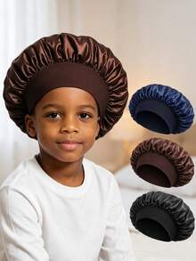 1pc Kids Satin Hair Bonnet, Wide Stretch Elastic Band Sleep Cap, Silk‑Like Night Bonnet For Children Boys Hair Care Home Sleeping - Sleep Cap - View 1
