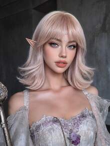 12-Inch Short Straight Wig, Pink Color With Layers And Bangs, Natural Straight Hair Texture, Retro Cosplay Style, Suitable For Multiple Occasions, Universal Size, Ideal For Halloween - 粉色 - 查看 11