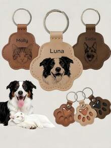 1pc Customized Pet Photo Name Leather Keychain Personalized Paw Print Pet Hair Memorial Keepsake Storage Ring Dog Cat Lover Gift Pendant - Multicolor - View 6