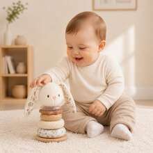 1pc Wooden Base Rabbit Stacking Toy, Soft Plush Rabbit Detachable Stacking Rings Toy, Baby Sensory Building Play Toy, Newborn Fine Motor Skills Training Educational Toy, Baby Baptism Gift - Multicolor - View 11
