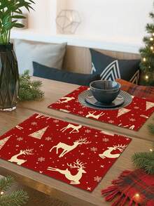 1pc Christmas Series Pattern Printed Table Runner, 4pcs Christmas Pattern Printed Placemats, Suitable For Holiday, Party, Birthday, Dinner, Kitchen Dining Table Decoration, All-Season Room Decor, Home Textile Decoration Table Runner - Multicolor - View 4