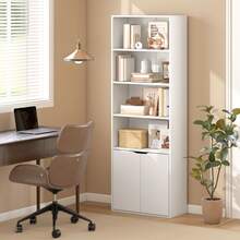 Boekenkast met 4 open vakken en 2 deuren voor woonkamer en kantoor, 59x29x180 cm, wit - A - Bekijken 3