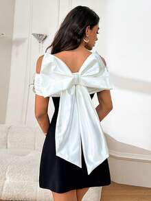 Autumn Bow Off-Shoulder Contrast Color Party Dress Elegant Dress For Dating - Black - View 2