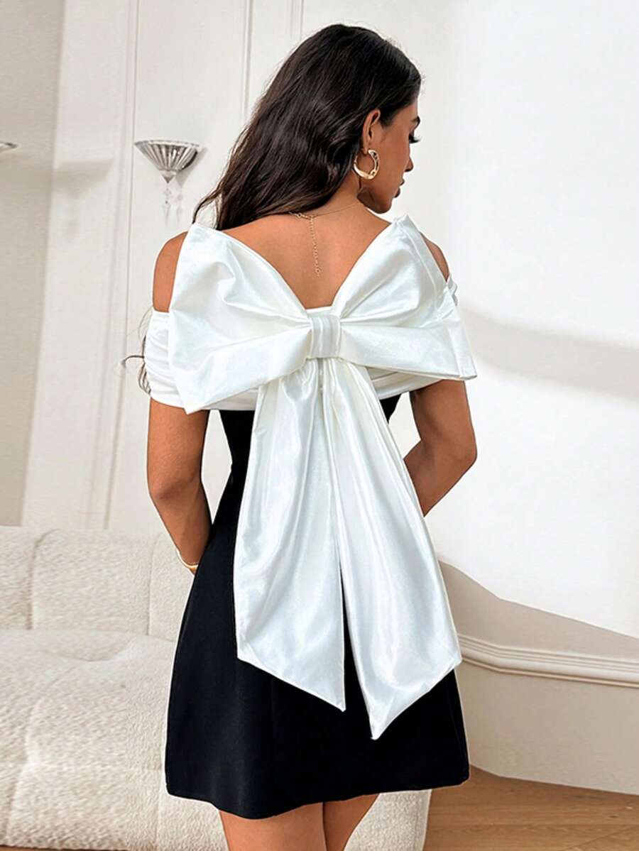 Autumn Bow Off-Shoulder Contrast Color Party Dress Elegant Dress For Dating