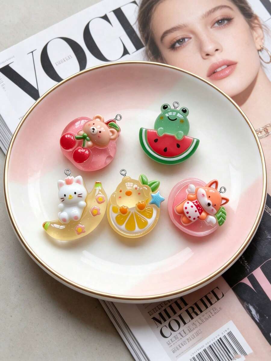 10/20/100pcs Transparent Resin Fruit & Animal Cream Glue Charms, DIY Handmade Keychain Pendants, Bag Charms, Accessories, Decor - Multicolor - View 1