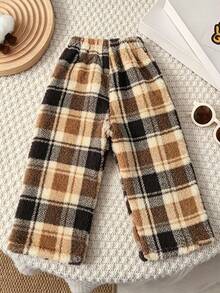 1pc Girls Toddler Casual Vintage Ins Style Classic Plaid Pattern Comfortable Soft Double-Sided Fleece Brown Long Pants, Suitable For Home/Outdoor Wear, Autumn/Winter - Brown - View 2