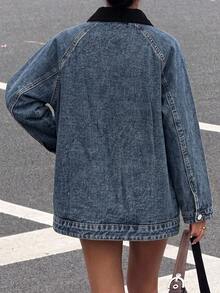 Women's Vintage Washed Denim Shacket, Corduroy Shirt Collar, Long Sleeve Regular Length, Suitable For Autumn Wear - Blue - View 5