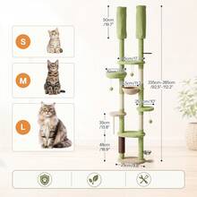 Cat Tree, Height Adjustable From **" To **", Multi-Functional Cat Climbing Tower, With Cat Hammock, Scratching Posts, Dangling Balls, Climbing Platforms, Rubbing Post, Feeding Area, Green - Green - View 7