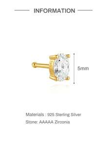 1Pc 925 Sterling Silver Classic Egg-Shaped CZ Nose Stud Hypoallergenic Nostril Body Piercing Jewelry Nose Rings For Women Men Daily Wear & Gifts - Gold - View 7