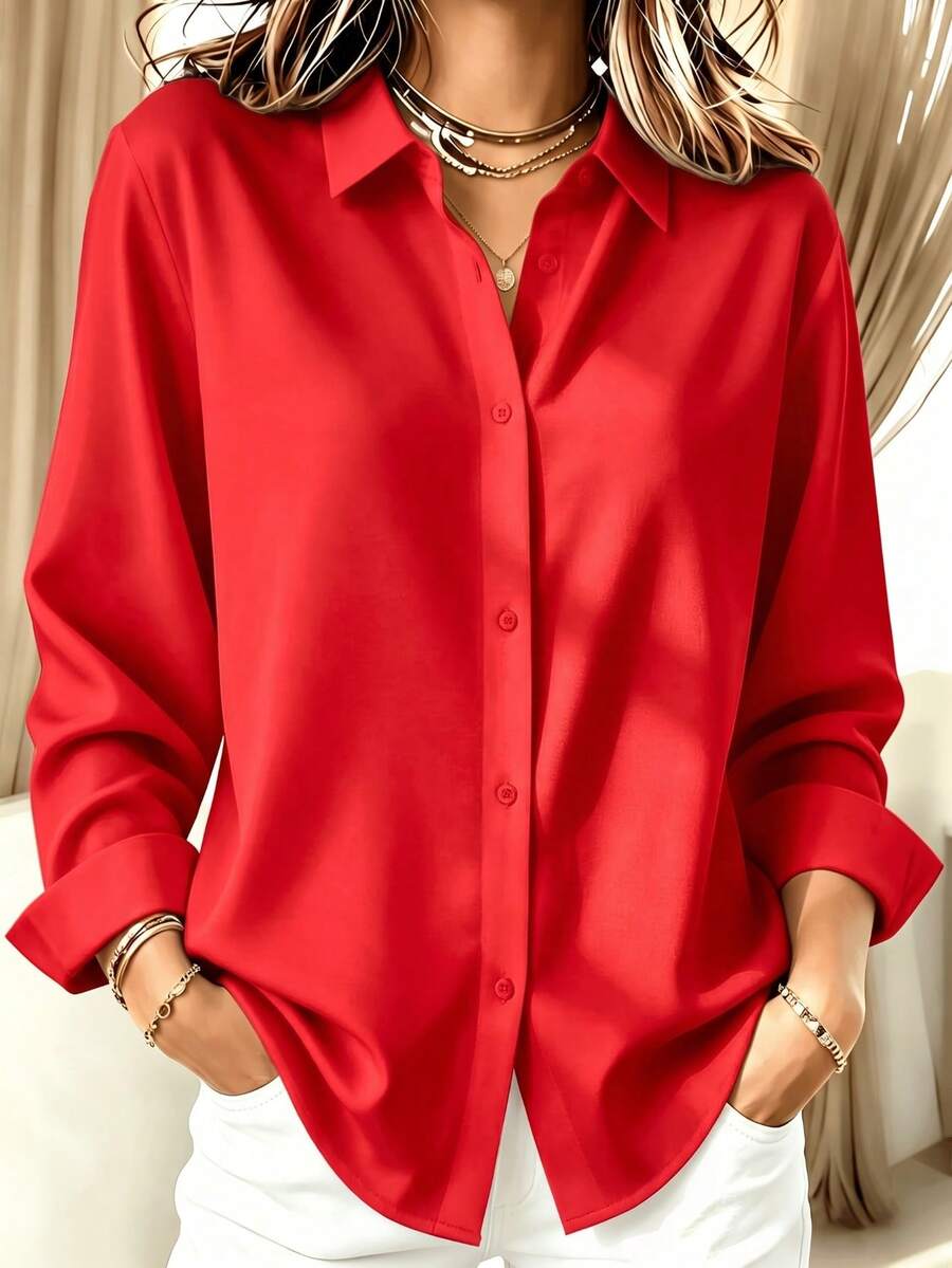 Christmas Red Vintage Casual Fashion Solid Color Women's Lightweight Button Long Sleeve Blouse Open Front Top