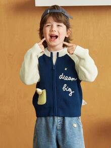 Balabala Color‑Block Raglan Sleeve Knit Cardigan Soft Base Top For Kids Spring Autumn - Blue and White - View 2