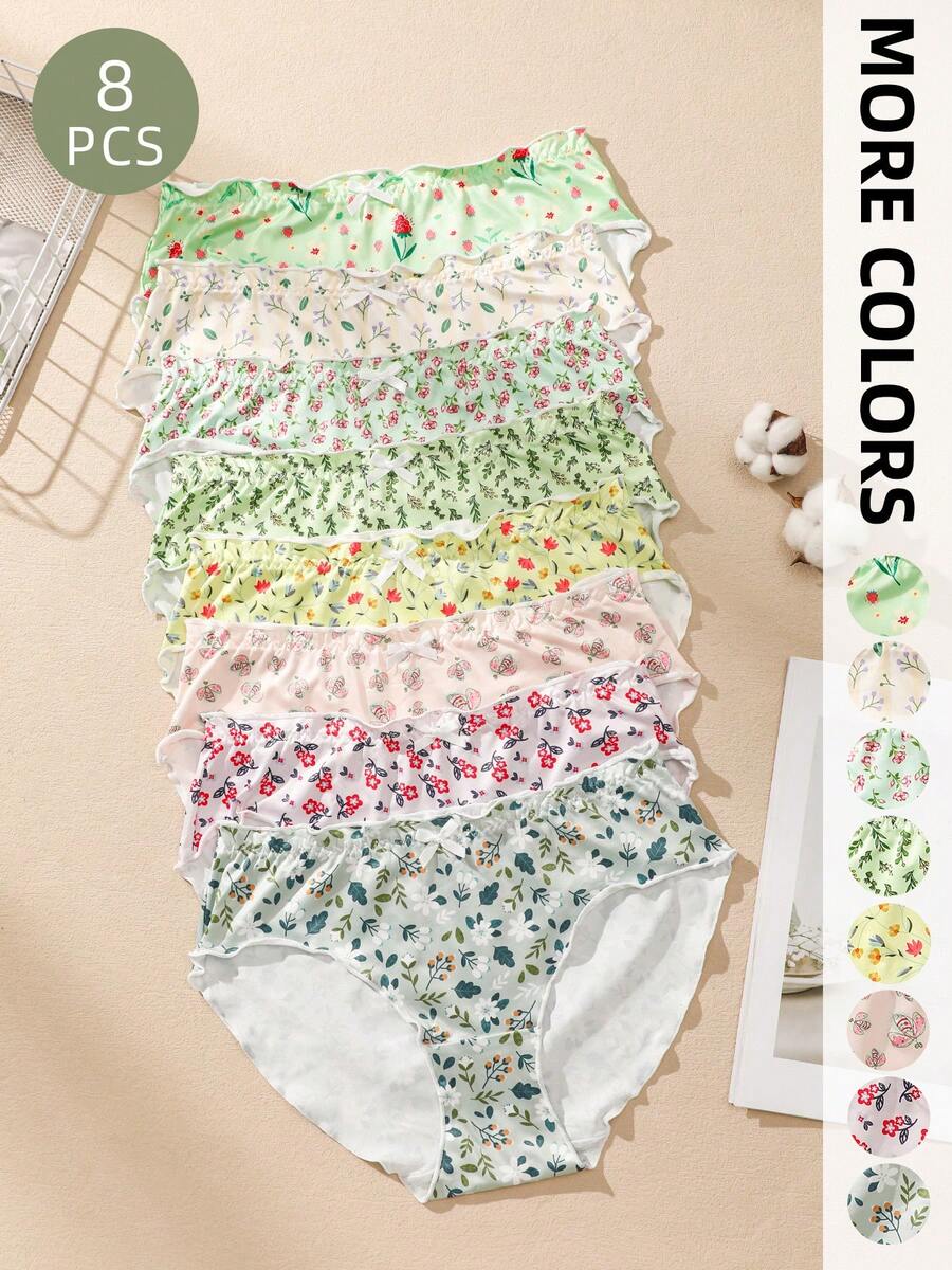 8pcs Spring Floral Women's Triangle Panties, Ruffle Waistband With Bow, Soft Skin-Friendly Fabric, Pastoral Style Girls' Fitted Underwear - Multicolor - View 1