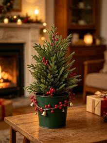 1pc Artificial Pine Christmas Tree With Red Berries, Artificial Cedar Plant, Christmas Artificial Plant, Christmas Party Decoration, Suitable For Home Decor, Christmas Tree Decoration, Room Decor, Bedroom Decor, Tabletop Decor, Porch Decor - Multicolor - View 5