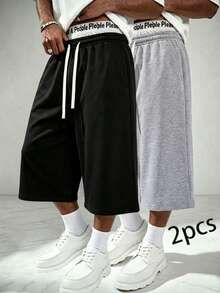 2PCS Men's Spring/Summer Capri Length Sports Casual Pants - Lightweight Solid Color, With Pockets And Drawstring Waist, Suitable For Casual Sports And Jogging - Multicolor - View 1