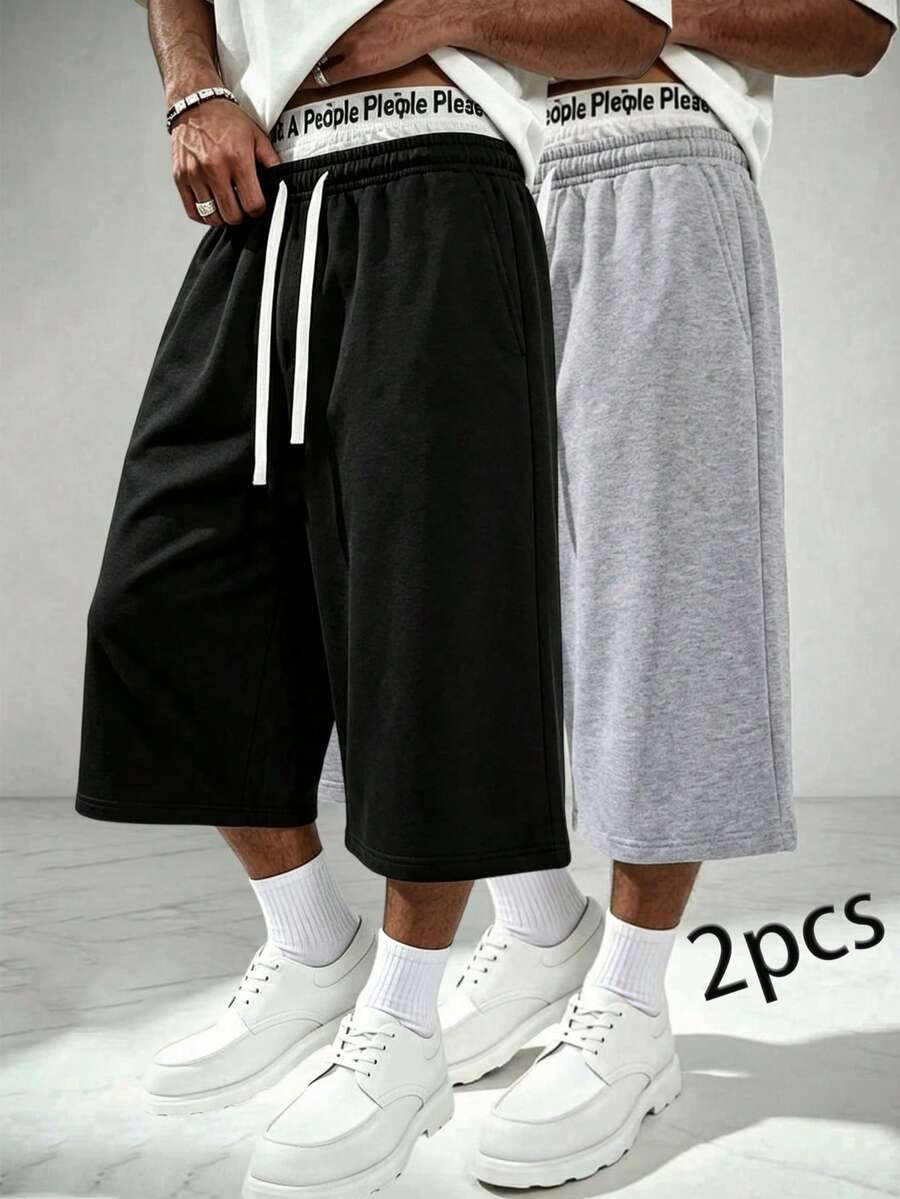 2PCS Men's Spring/Summer Capri Length Sports Casual Pants - Lightweight Solid Color, With Pockets And Drawstring Waist, Suitable For Casual Sports And Jogging - Multicolor - View 1