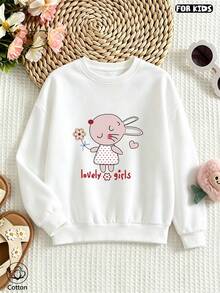 Cute Girls Cotton Pullover Hoodie With Pink Rabbit Print & 'Lovely Girls' Text, Round Neck Long Sleeve Casual Top For Spring Fall Daily Wear - White - View 2