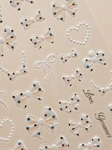 1pc 5D Classic Elegant Bow Nail Sticker, Cute Black & White Ribbon Bow Nail Art Decals, Self-Adhesive Slider Nail Decoration DIY Sticker Nail Stickers - White - View 2